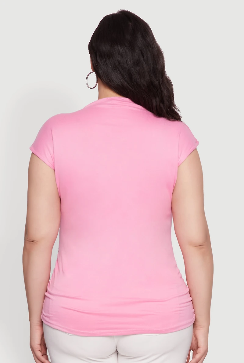 Womens Plus Size Ruched Cap Sleeve Top, Pink, Size 1X