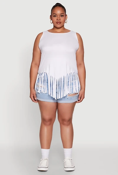 Womens Plus Size Fringe Hem Tank Top, White, Size 2X
