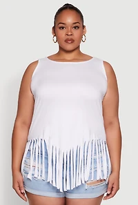 Womens Plus Size Fringe Hem Tank Top, White, Size 2X