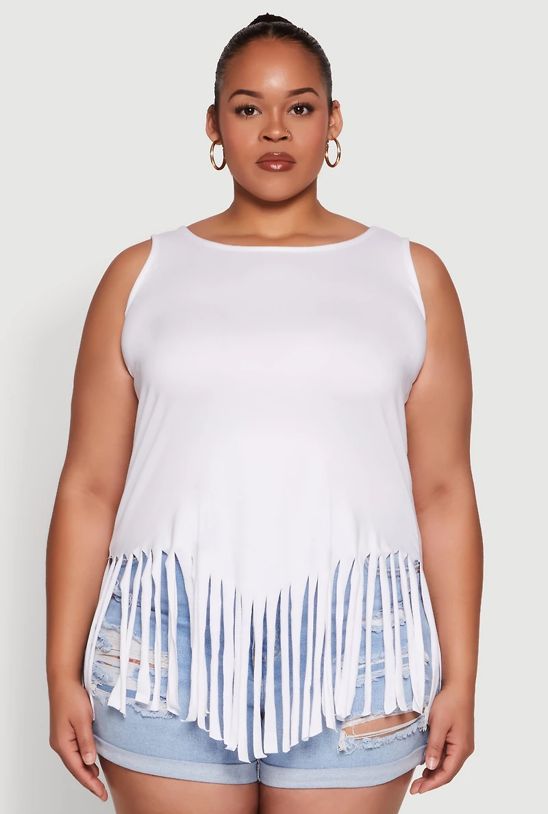 Womens Plus Size Fringe Hem Tank Top, White, Size 1X