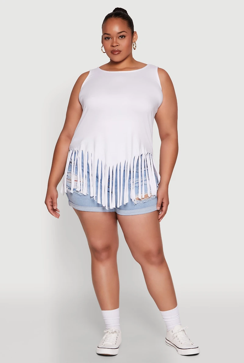 Womens Plus Size Fringe Hem Tank Top, White, Size 2X