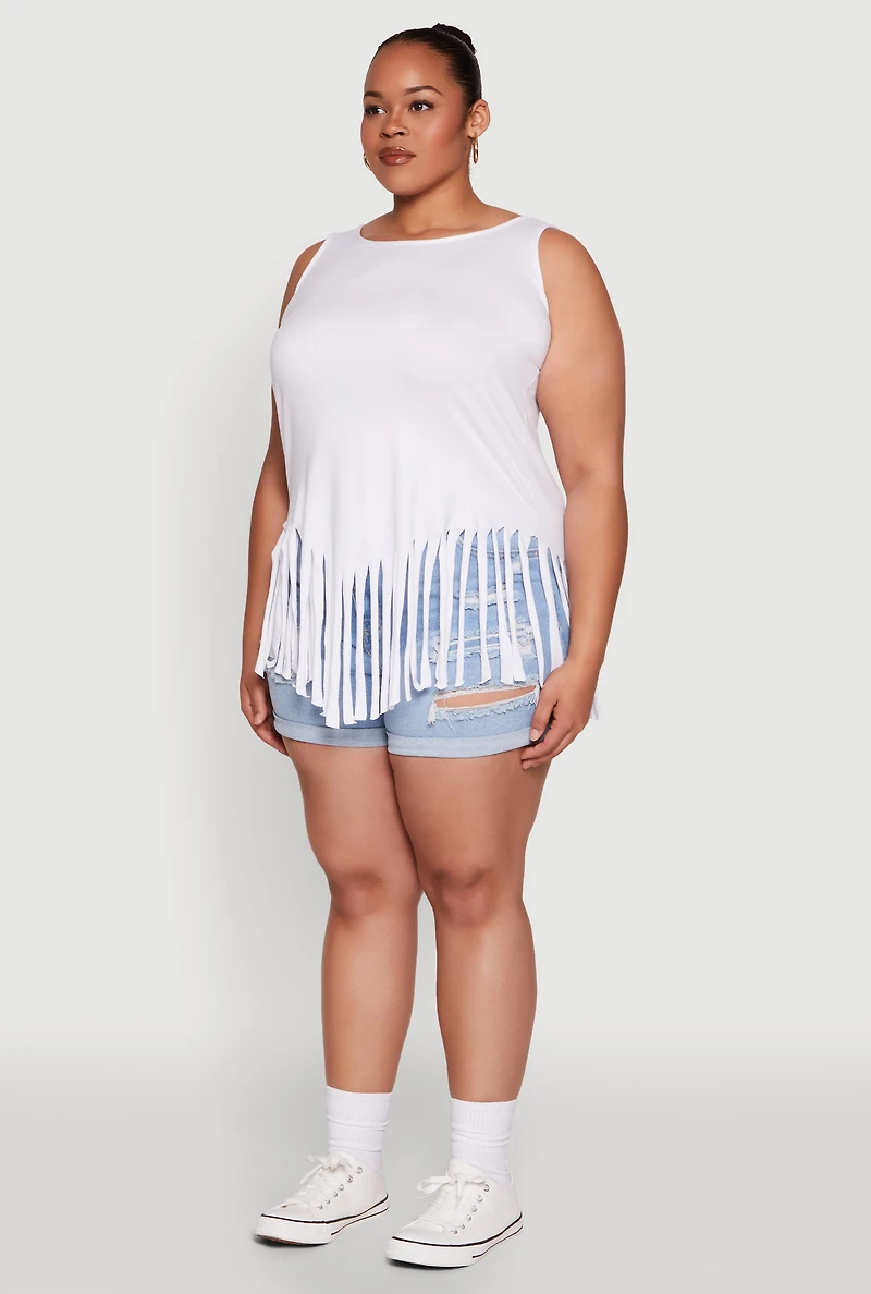Womens Plus Size Fringe Hem Tank Top, White, Size 2X