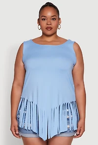 Womens Plus Size Fringe Hem Tank Top, Blue, Size 1X