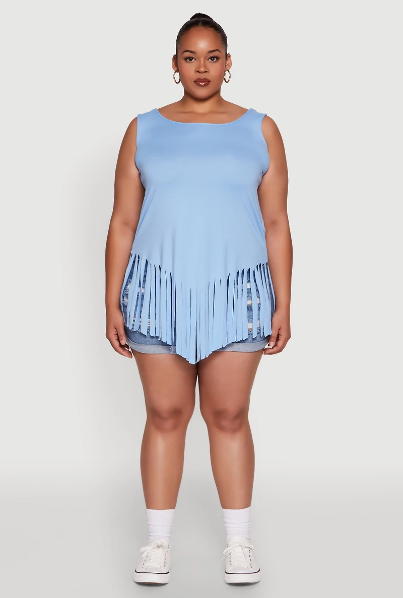 Womens Plus Size Fringe Hem Tank Top, Blue, Size 1X