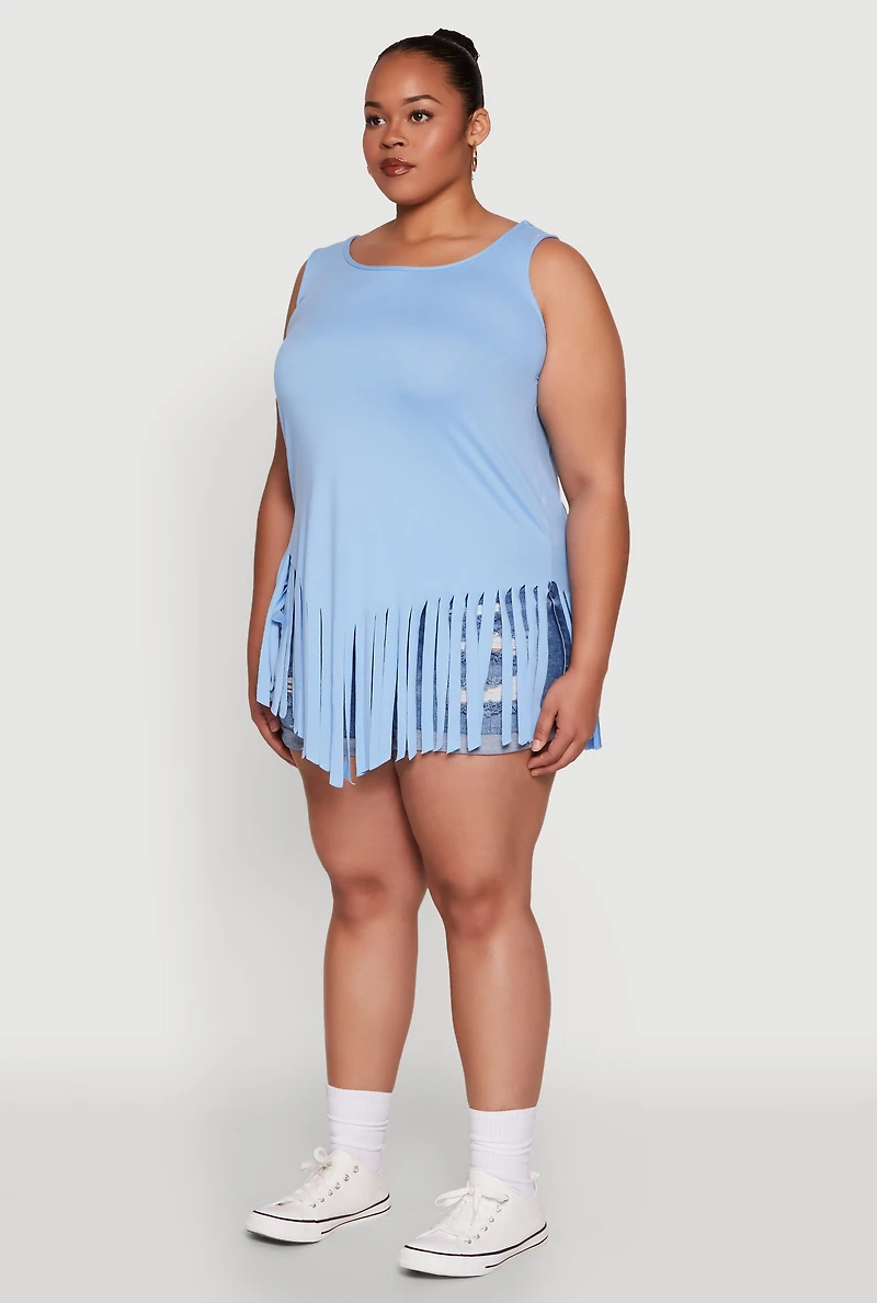 Womens Plus Size Fringe Hem Tank Top, Blue, Size 2X