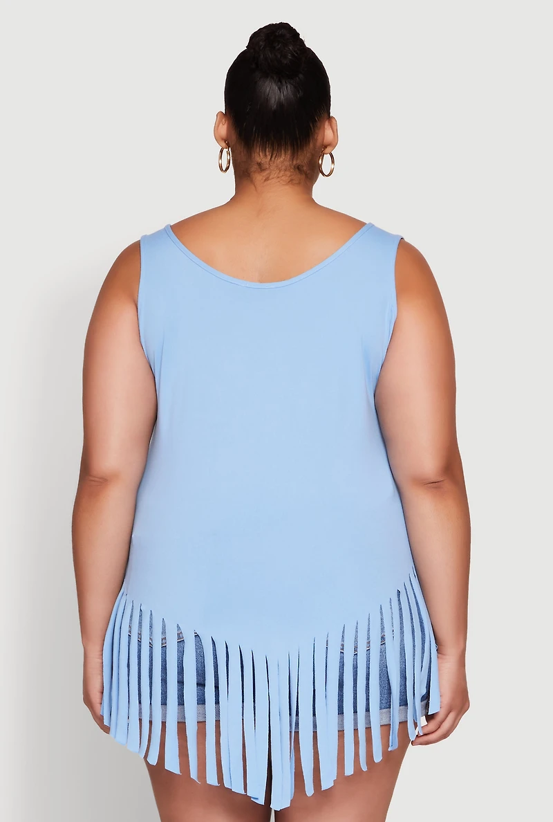 Womens Plus Size Fringe Hem Tank Top, Blue, Size 1X