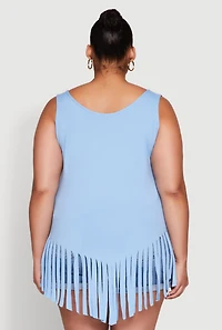 Womens Plus Size Fringe Hem Tank Top, Blue, Size 1X
