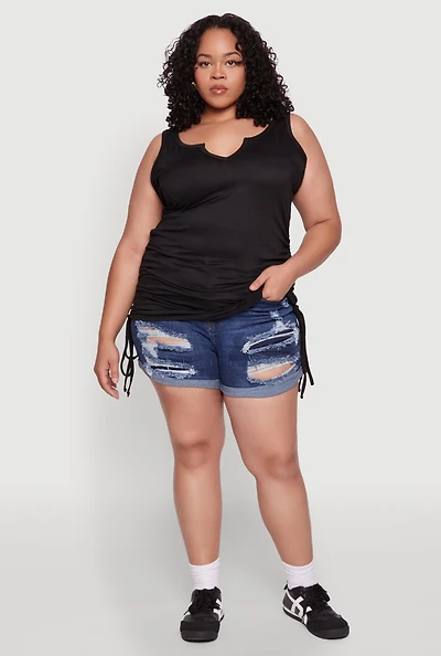 Womens Plus Size Ruched Notch Neck Tank Top, Black, Size 2X
