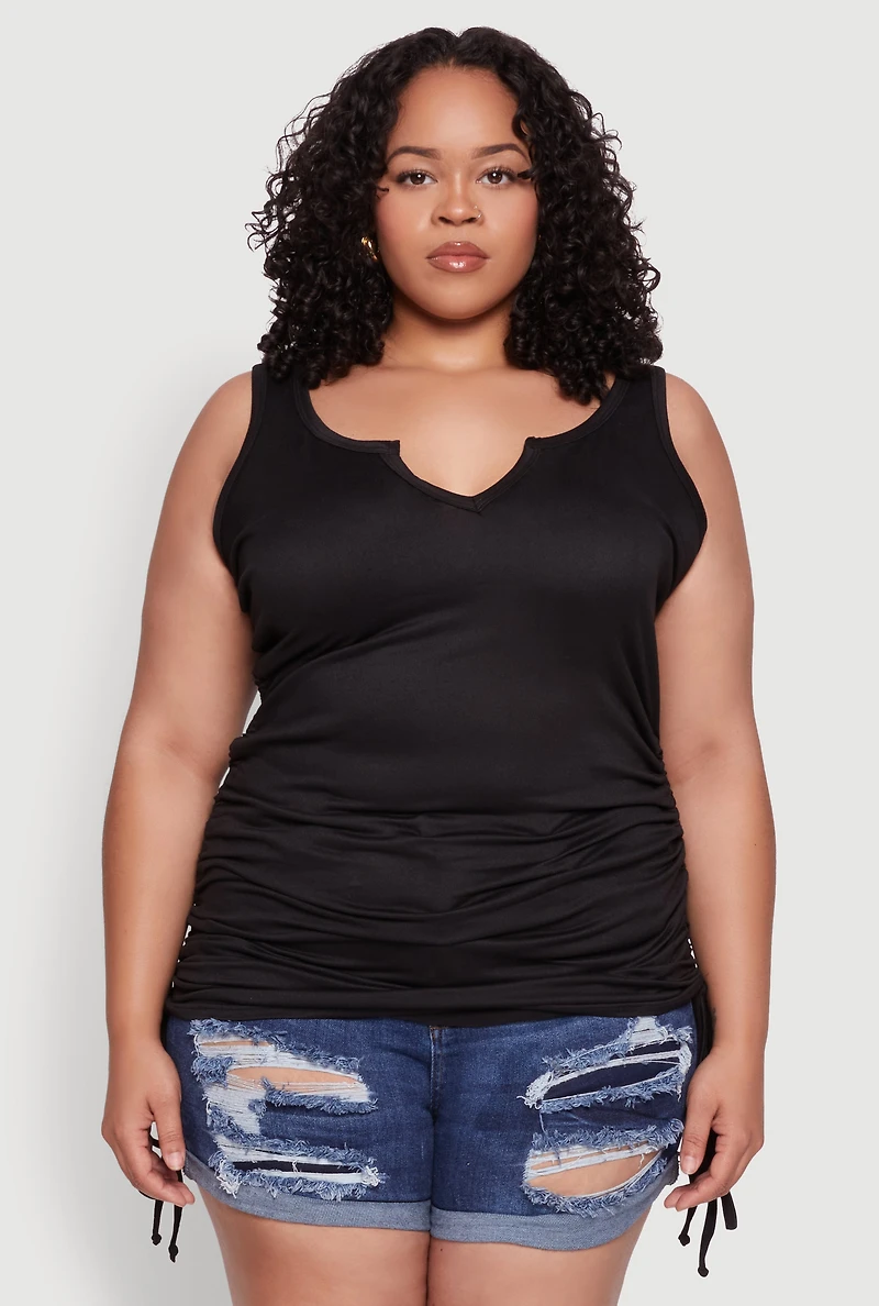 Womens Plus Size Ruched Notch Neck Tank Top, Black, Size 2X