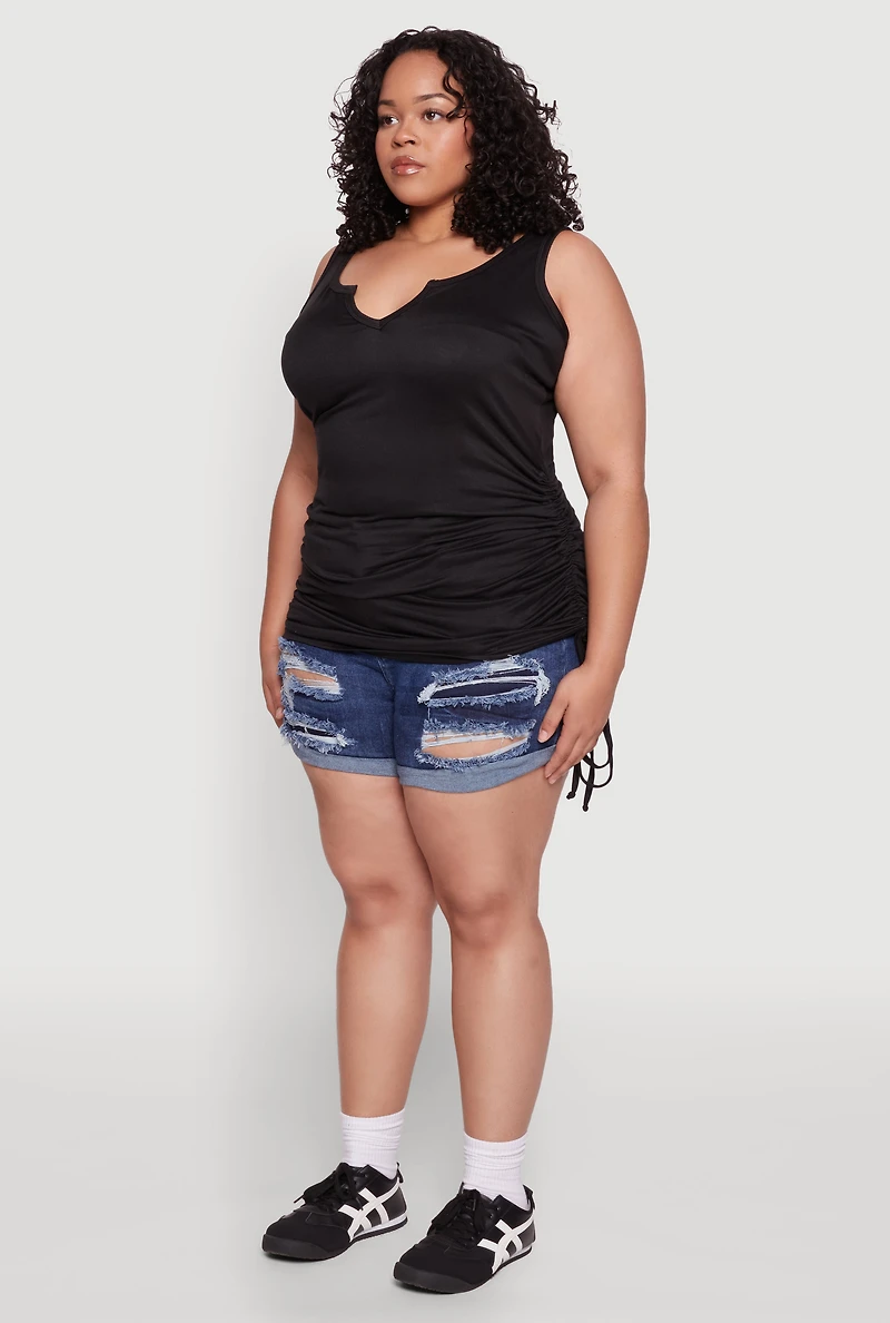 Womens Plus Size Ruched Notch Neck Tank Top, Black, Size 2X