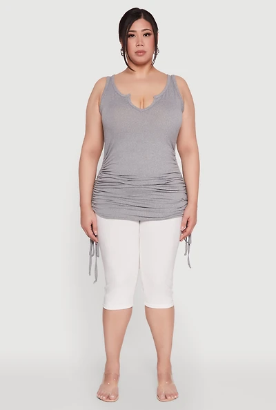 Womens Plus Size Ruched Notch Neck Tank Top, Grey, Size 1X