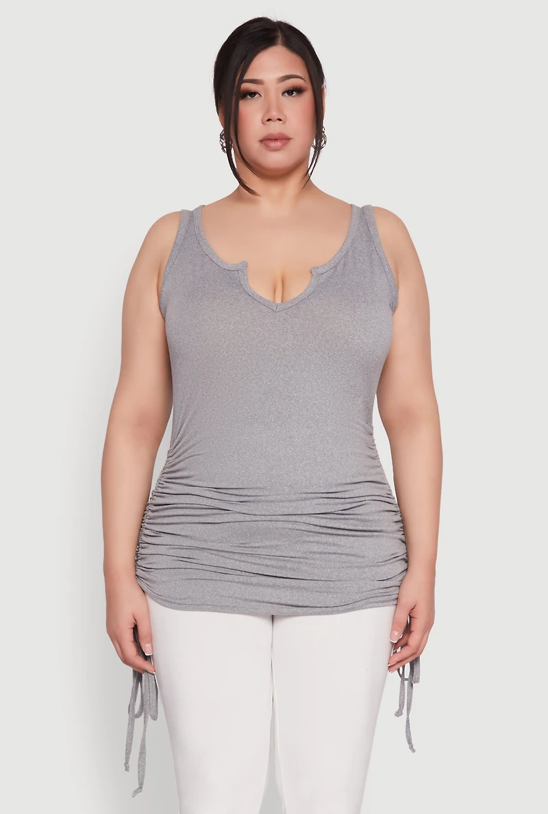 Womens Plus Ruched Notch Neck Tank Top,
