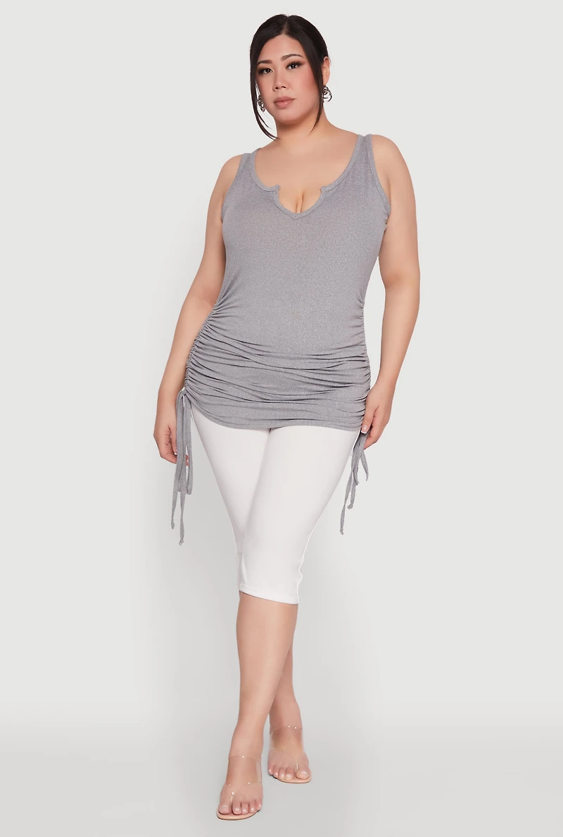 Womens Plus Ruched Notch Neck Tank Top,
