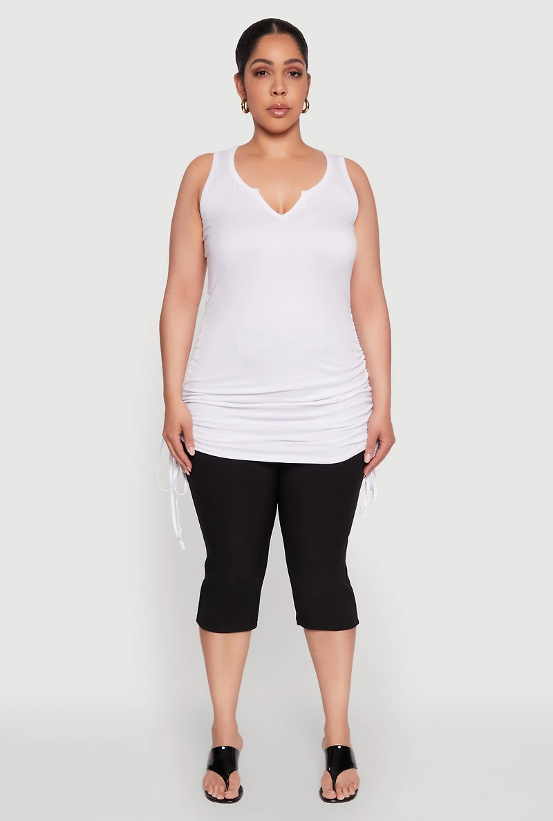 Womens Plus Size Ruched Notch Neck Tank Top, White, Size 2X