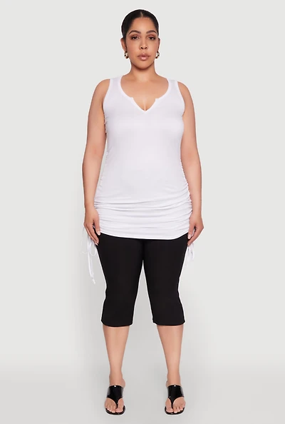 Womens Plus Size Ruched Notch Neck Tank Top, White, Size 2X
