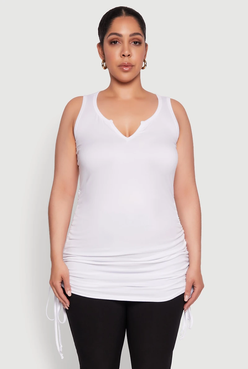 Womens Plus Size Ruched Notch Neck Tank Top, White, Size 2X