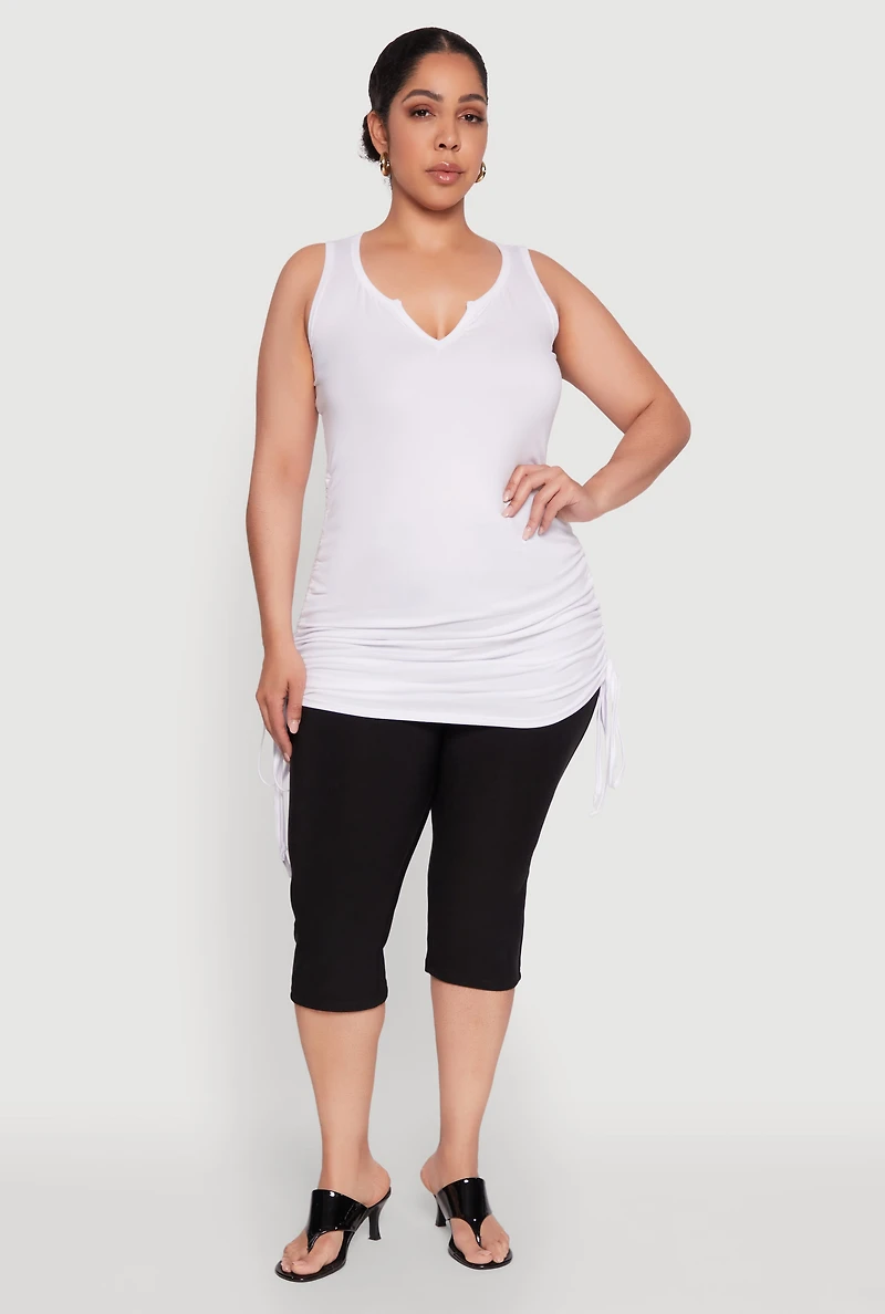 Womens Plus Size Ruched Notch Neck Tank Top, White, Size 2X