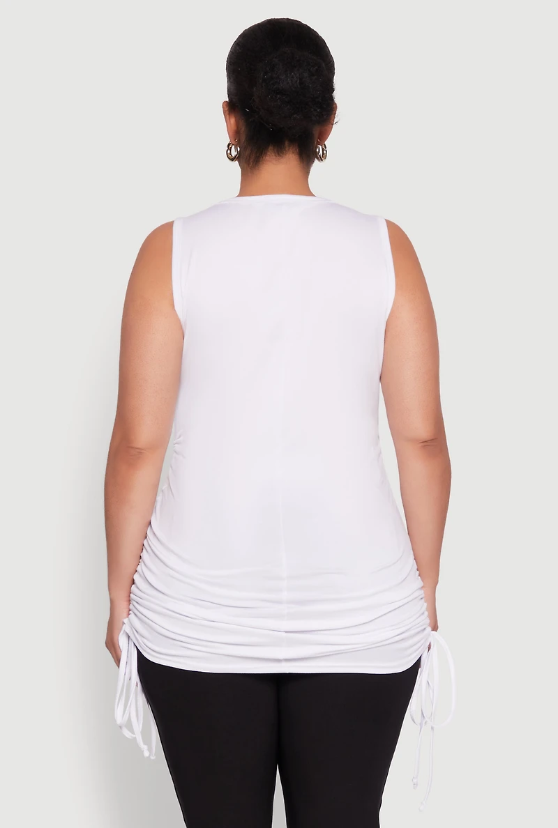 Womens Plus Size Ruched Notch Neck Tank Top, White, Size 2X