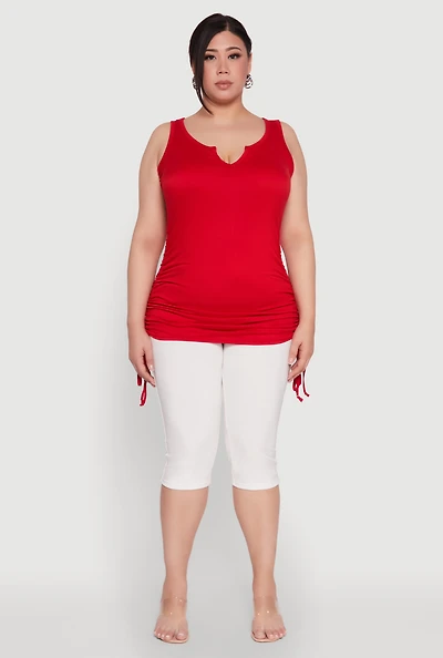 Womens Plus Size Ruched Notch Neck Tank Top, Red, Size 2X