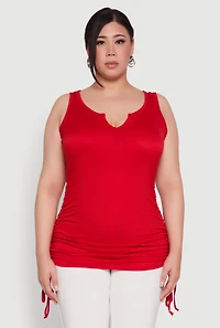 Womens Plus Size Ruched Notch Neck Tank Top, Red, Size 2X