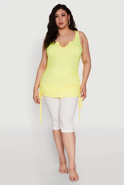 Womens Plus Size Ruched Notch Neck Tank Top, Yellow, Size 2X