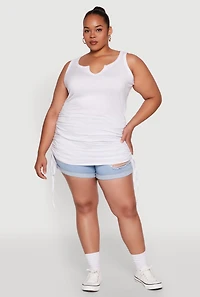 Womens Plus Size Notch Neck Drawstring Side Tank Top, White, Size 1X