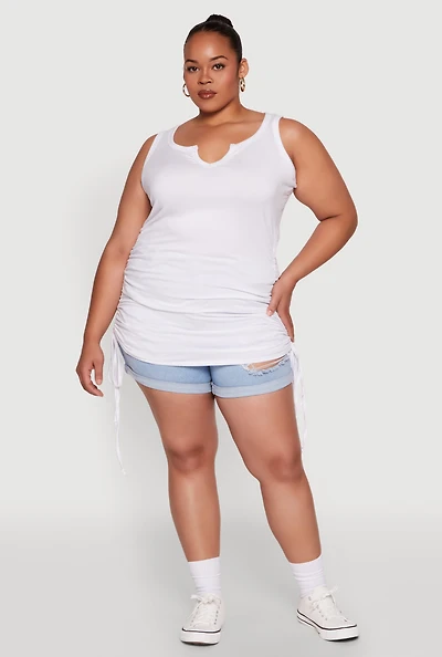 Womens Plus Size Notch Neck Drawstring Side Tank Top, White, Size 3X