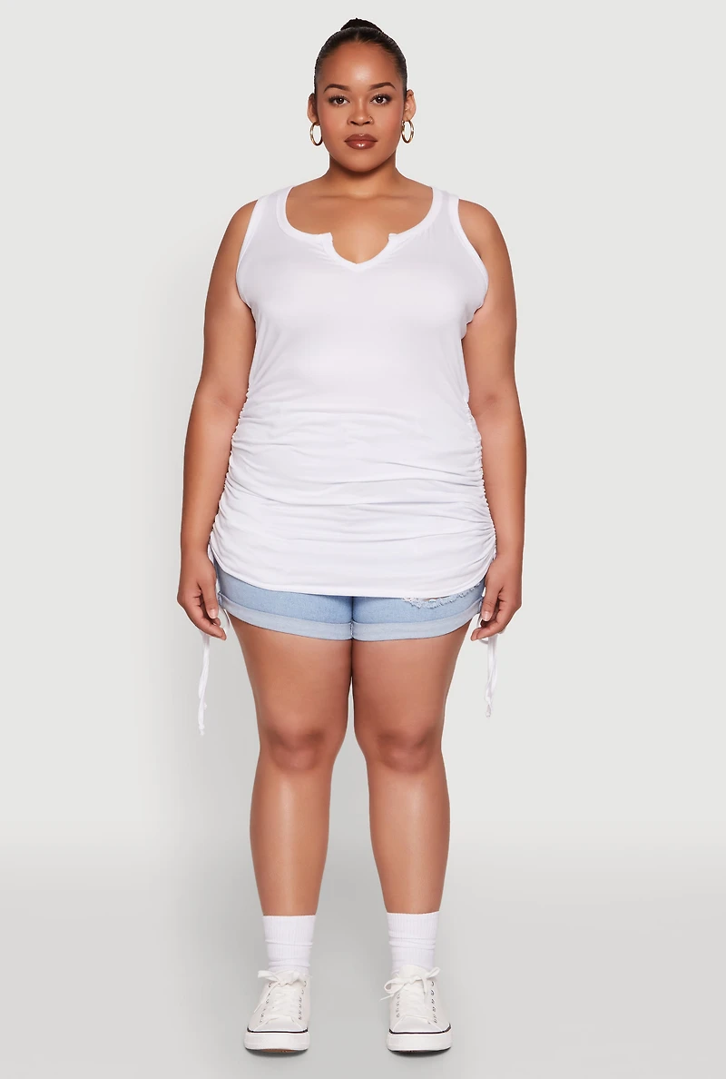 Womens Plus Size Notch Neck Drawstring Side Tank Top, White, Size 1X
