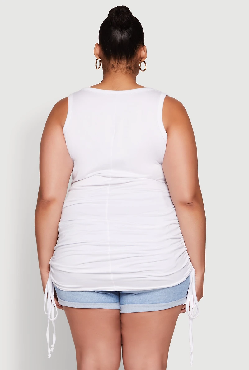 Womens Plus Size Notch Neck Drawstring Side Tank Top, White, Size 1X