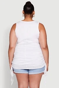 Womens Plus Size Notch Neck Drawstring Side Tank Top, White, Size 1X