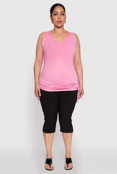 Womens Plus Size Notch Neck Drawstring Side Tank Top, Pink, Size 3X