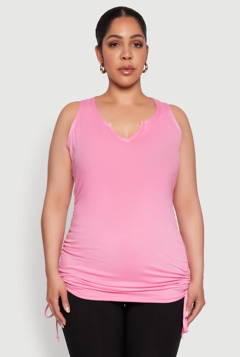 Womens Plus Size Notch Neck Drawstring Side Tank Top, Pink, Size 3X