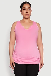 Womens Plus Size Notch Neck Drawstring Side Tank Top, Pink, Size 3X