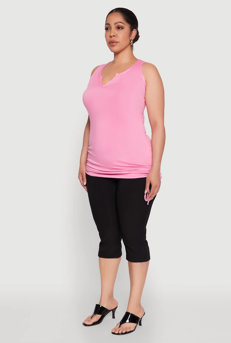 Womens Plus Size Notch Neck Drawstring Side Tank Top, Pink, Size 3X