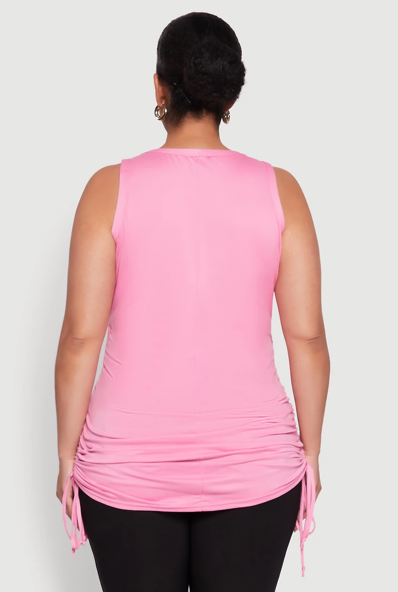 Womens Plus Size Notch Neck Drawstring Side Tank Top, Pink, Size 3X