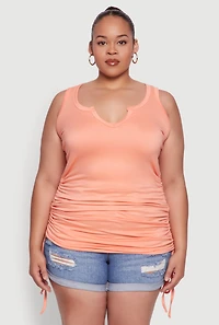 Womens Plus Size Notch Neck Drawstring Side Tank Top, Orange, Size 2X