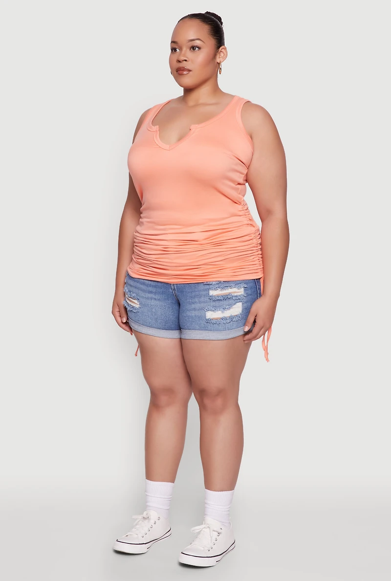 Womens Plus Size Notch Neck Drawstring Side Tank Top, Orange, Size 2X