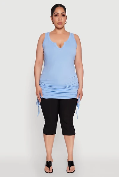 Womens Plus Notch Neck Drawstring Side Tank Top, 1X