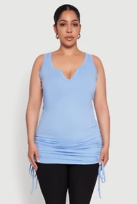 Womens Plus Size Notch Neck Drawstring Side Tank Top, Blue, Size 2X