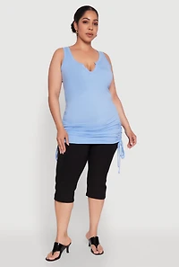 Womens Plus Size Notch Neck Drawstring Side Tank Top, Blue, Size 2X