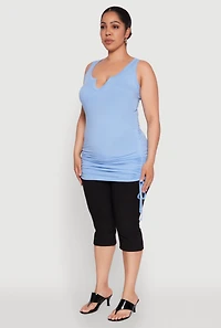 Womens Plus Size Notch Neck Drawstring Side Tank Top, Blue, Size 2X