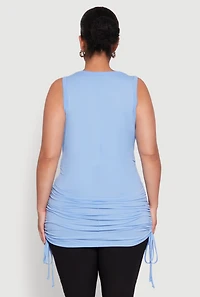 Womens Plus Size Notch Neck Drawstring Side Tank Top, Blue, Size 2X