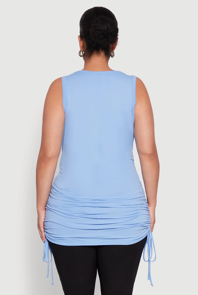 Womens Plus Notch Neck Drawstring Side Tank Top, 1X