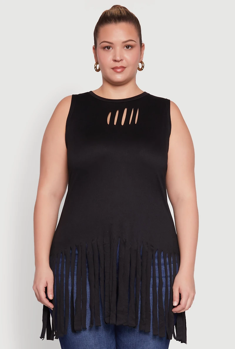 Womens Plus Laser Cut Fringe Hem Tank Top, 3X
