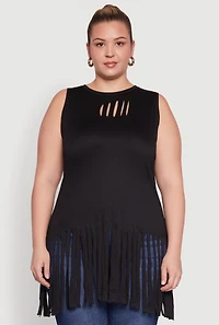 Womens Plus Laser Cut Fringe Hem Tank Top, 3X