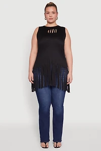 Womens Plus Laser Cut Fringe Hem Tank Top, 3X