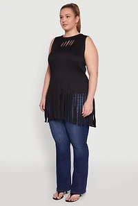 Womens Plus Laser Cut Fringe Hem Tank Top, 3X