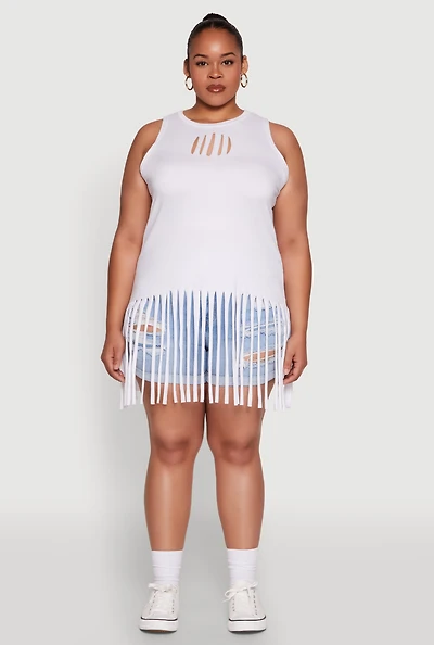 Womens Plus Size Laser Cut Fringe Hem Tank Top, White, Size 1X