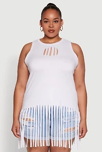 Womens Plus Size Laser Cut Fringe Hem Tank Top, White, Size 1X