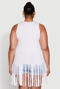 Womens Plus Size Laser Cut Fringe Hem Tank Top, White, Size 1X